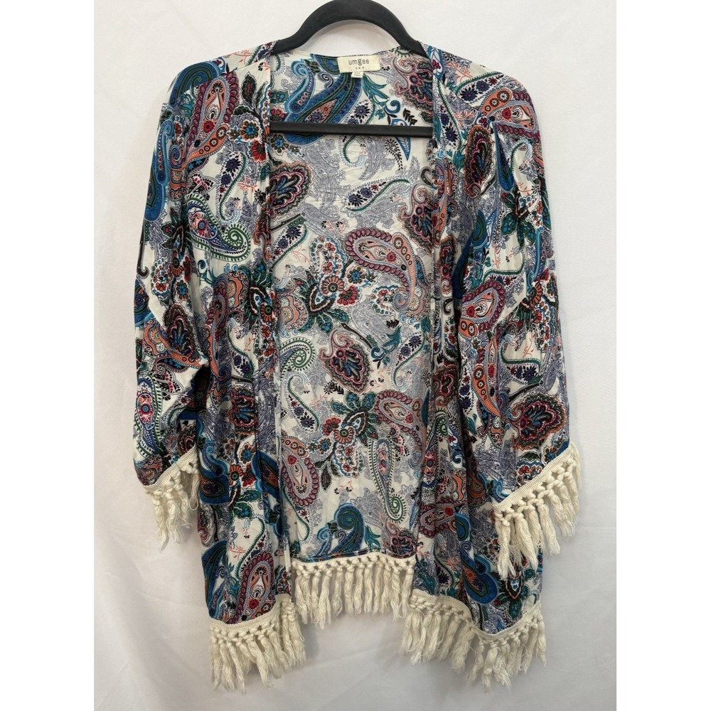 Umgee Womens M/L Open Front Paisley Kimono Fringe Edging Boho Cover Up Hippie